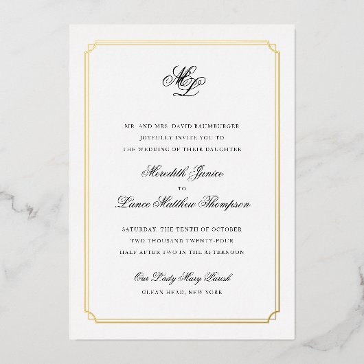 Gold Border Black and Gold Monogram Weddenschap Folie Uitnodiging (Voorkant)