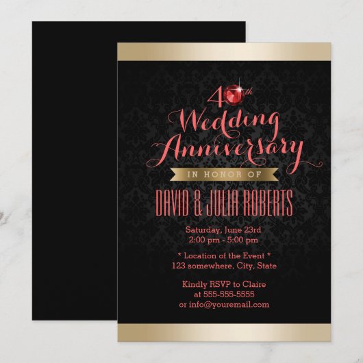 Gold Border Black Damask Ruby Wedding Jubileum Kaart (Voorkant / Achterkant)