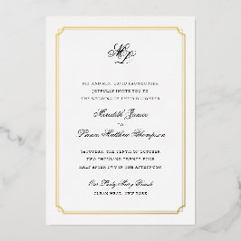 Gold Border Black en Gold Monogram Weddenschap Fol Folie Uitnodiging
