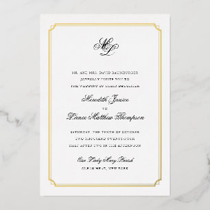 Gold Border Black en Gold Monogram Weddenschap Fol Folie Uitnodiging