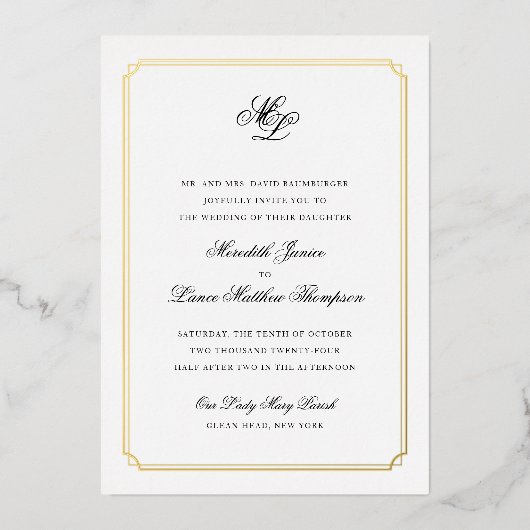 Gold Border Black en Gold Monogram Weddenschap Fol Folie Uitnodiging (Voorkant)