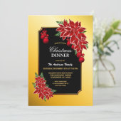 Gold Border Black met Poinsettia-kerstdiner Kaart (Staand voorkant)
