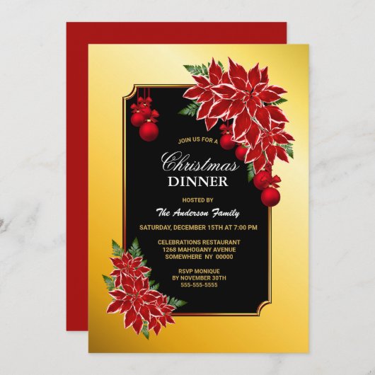 Gold Border Black met Poinsettia-kerstdiner Kaart (Voorkant / Achterkant)