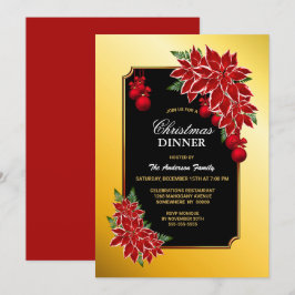 Gold Border Black met Poinsettia-kerstdiner Kaart