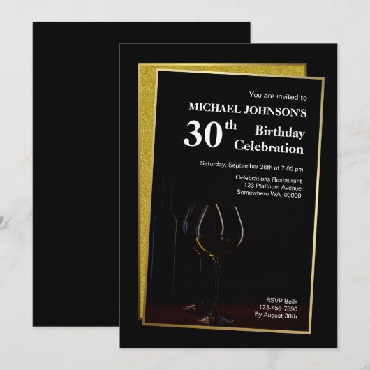 Gold Border Black Wine Glass 30e verjaardag Kaart (Voorkant / Achterkant)