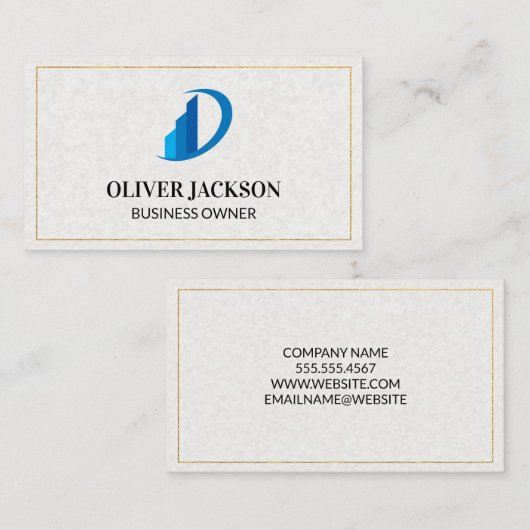 Gold Border | Blauw pictogram | Papiertextuur Visitekaartje (Voorkant / Achterkant)