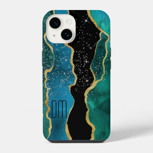 Gold Border Blauwgroen Agate Sparkle Monogram iPhone Hoesje (Achterkant)
