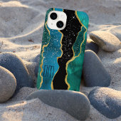 Gold Border Blauwgroen Agate Sparkle Monogram iPhone Hoesje
