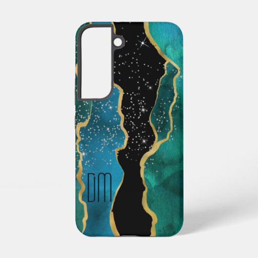 Gold Border Blauwgroen Agate Sparkle Monogram Samsung Galaxy Hoesje (Achterkant)