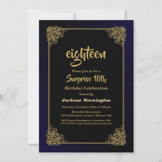 Gold Border Blue Surprise 18e verjaardagsfeestje Kaart (Voorkant)