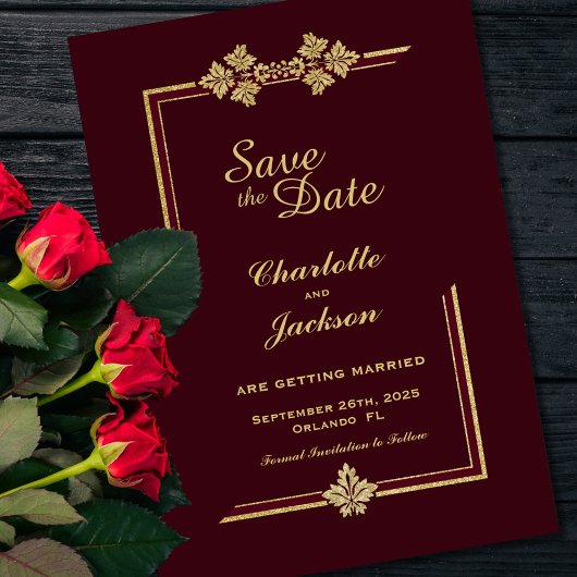 Gold Border Burgundy Wedding Save The Date