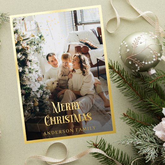 Gold Border Confetti Kerstfoto Folie Feestdagenkaart