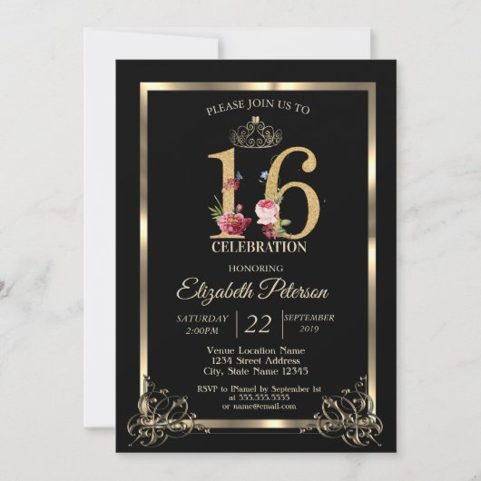 Gold Border Crown Floral Sweet 16 Party Kaart (Voorkant)