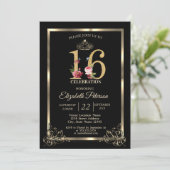 Gold Border Crown Floral Sweet 16 Party Kaart (Staand voorkant)