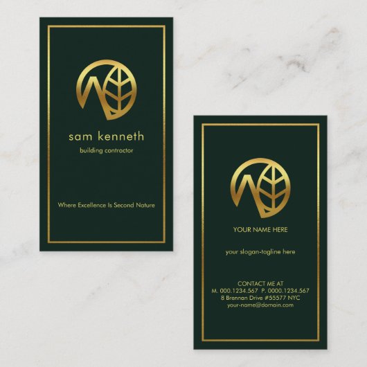Gold Border Emerald Green Building Contractant Visitekaartje (Voorkant / Achterkant)