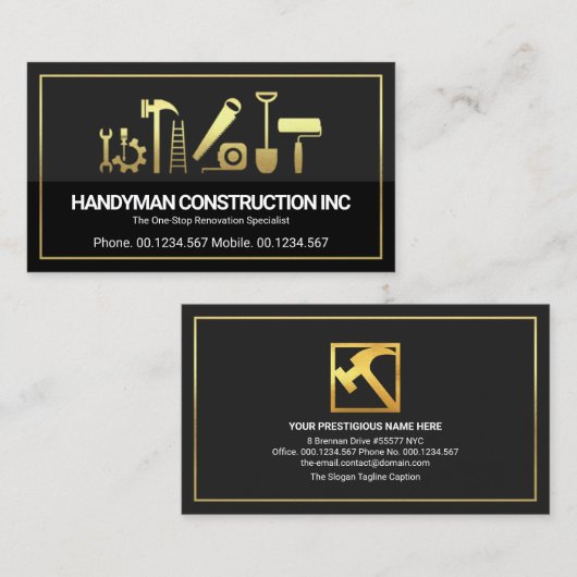 Gold Border Handyman Tools Grey Black Layers Visitekaartje (Voorkant / Achterkant)