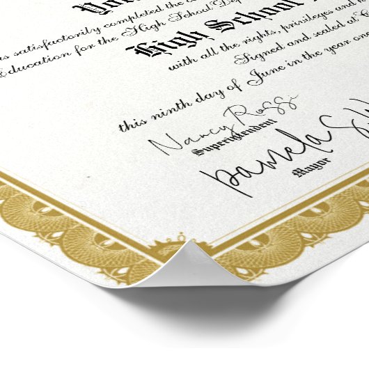 Gold Border High School Diploma Replica Poster (Hoek)