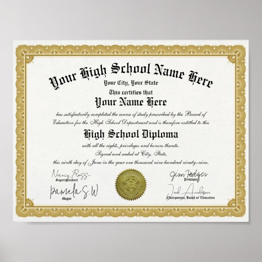 Gold Border High School Diploma Replica Poster (Voorkant)
