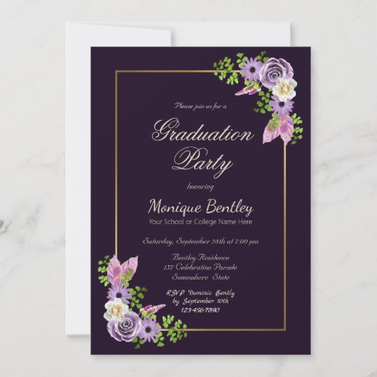 Gold Border Lavender Floral Paars Afstuderen Kaart (Voorkant)