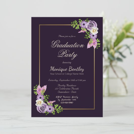 Gold Border Lavender Floral Paars Afstuderen Kaart (Staand voorkant)