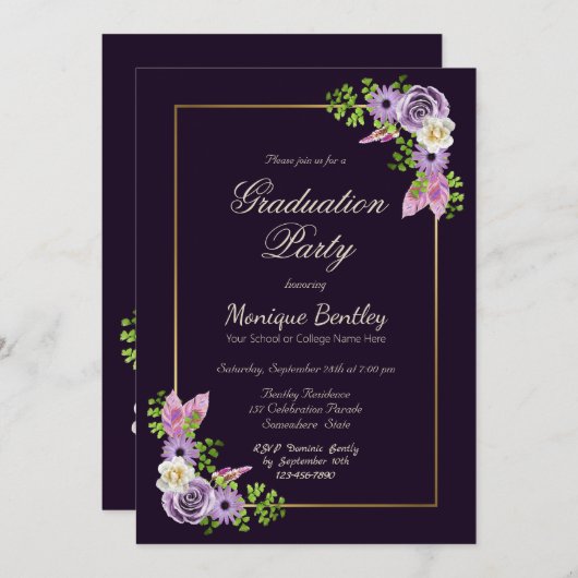 Gold Border Lavender Floral Paars Afstuderen Kaart (Voorkant / Achterkant)