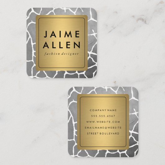 Gold Border met Chic Grey Pattern Vierkante Visitekaartje (Voorkant / Achterkant)