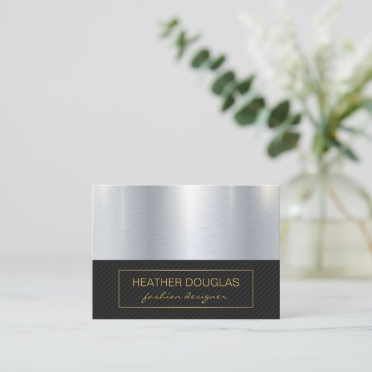 Gold Border | Metallic Black Mesh Pattern Visitekaartje (Staand voorkant)