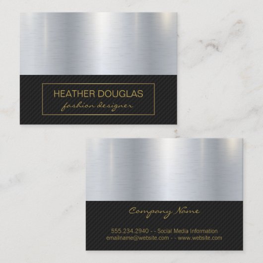 Gold Border | Metallic Black Mesh Pattern Visitekaartje (Voorkant / Achterkant)