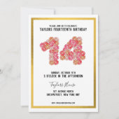 Gold Border Metallic Bloemen 14e Verjaardagsfeest Kaart (Voorkant)