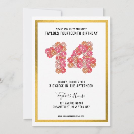 Gold Border Metallic Bloemen 14e Verjaardagsfeest Kaart (Voorkant)