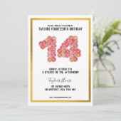 Gold Border Metallic Bloemen 14e Verjaardagsfeest Kaart (Staand voorkant)