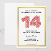 Gold Border Metallic Bloemen 14e Verjaardagsfeest Kaart (Voorkant / Achterkant)