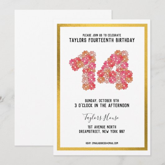 Gold Border Metallic Bloemen 14e Verjaardagsfeest Kaart (Voorkant / Achterkant)