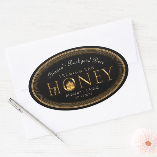 Gold Border Metallic Font Honey over druppelovaal Ovale Sticker (Envelop)