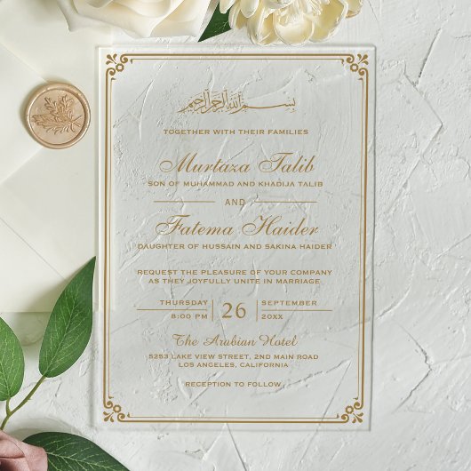 Gold Border Muslim Wedding Acryl Uitnodigingen