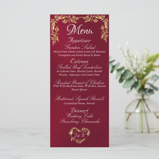 Gold Border op Bourgogne Wedding Menu (Staand voorkant)