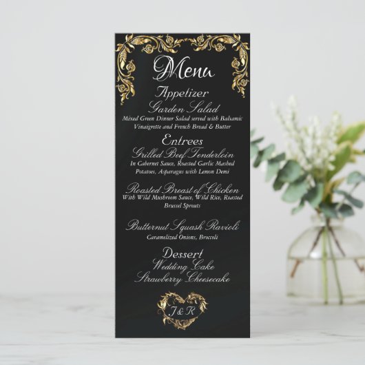 Gold Border op Elegant Zwart Trouwmenu Menu (Staand voorkant)