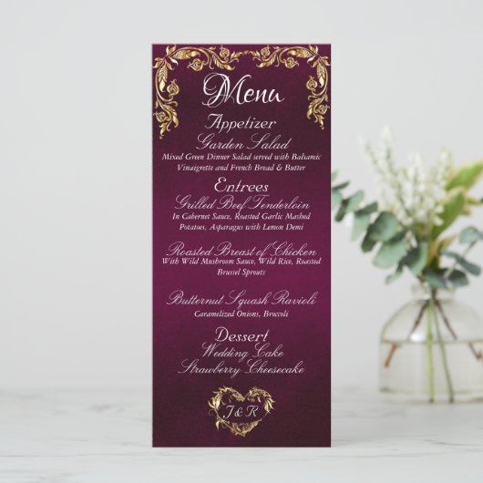 Gold Border op Plum Wedding Menu (Staand voorkant)