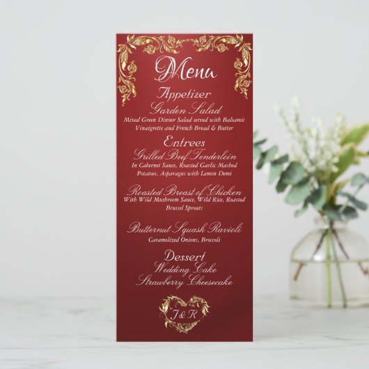 Gold Border op Ruby Red Wedding Menu (Staand voorkant)