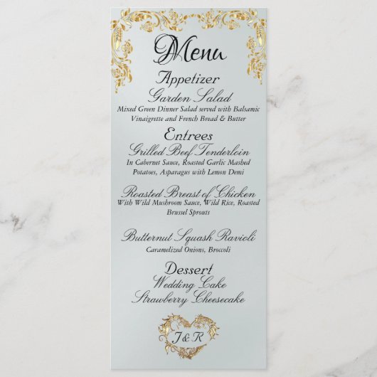 Gold Border op White Satin Wedding Menu (Voorkant)