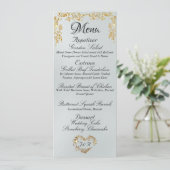 Gold Border op White Satin Wedding Menu (Staand voorkant)