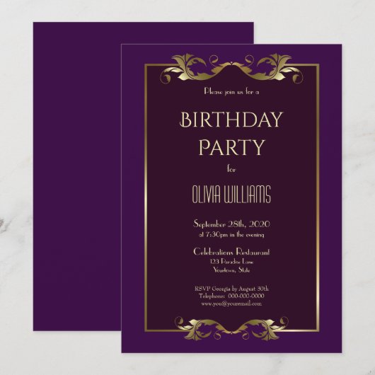 Gold Border Paars Birthday Party Kaart (Voorkant / Achterkant)