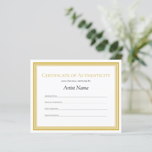Gold Border Paper Certificate of Authenticity Art (Staand voorkant)