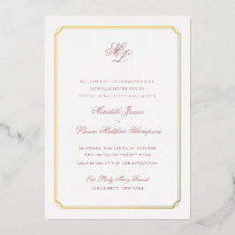 Gold Border Pink and Gold Monogram Weddenschap Folie Uitnodiging
