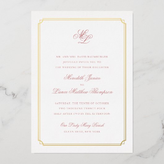 Gold Border Pink and Gold Monogram Weddenschap Folie Uitnodiging (Voorkant)