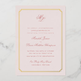 Gold Border Pink and Gold Monogram Weduwnaar Folie Uitnodiging
