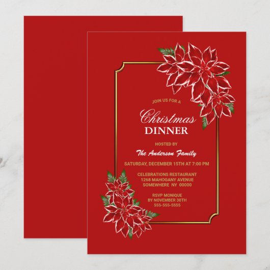 Gold Border Red Poinsettia Kerstdiner Kaart (Voorkant / Achterkant)