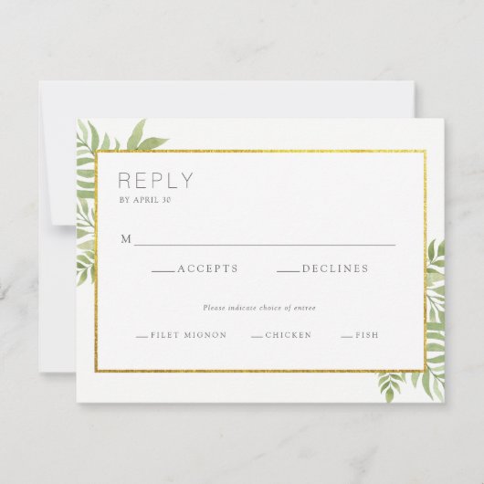 Gold Border Sage Green Botanical Wedding Reply RSVP Kaartje (Voorkant)