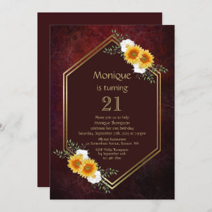 Gold Border Sunflower Burgundy 21e verjaardag Kaart