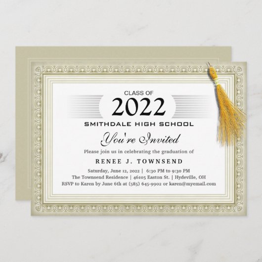Gold Border Tassel Diploma Graduit Party Invit Kaart (Voorkant / Achterkant)
